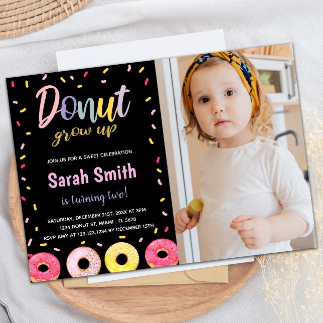 Photo Purple Glitter Black Pink Doughnut Birthday Invitation (Photo Purple Glitter Black Pink Donut Birthday Invitation)