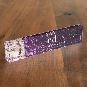 Photo purple glitter monogram initials name nameplate