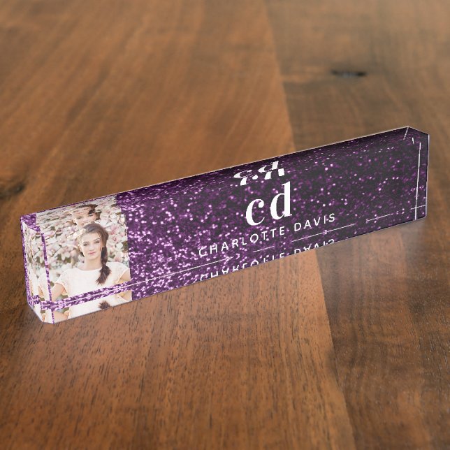 Photo purple glitter monogram initials name nameplate (Side)