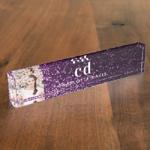 Photo purple glitter monogram initials nameplate