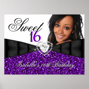 Photo Purple Glitter Sweet 16 16th Birthday Banner Poster