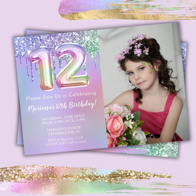 Photo Purple Pink Glitter 12th Birthday Party Invitation (Creator Uploaded)