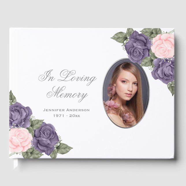 Photo Purple Pink Silver Floral Memorial Funeral Guest Book (Front)