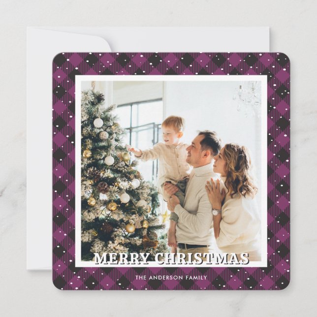 Photo Purple Plaid Snow Merry Christmas Card (Front)