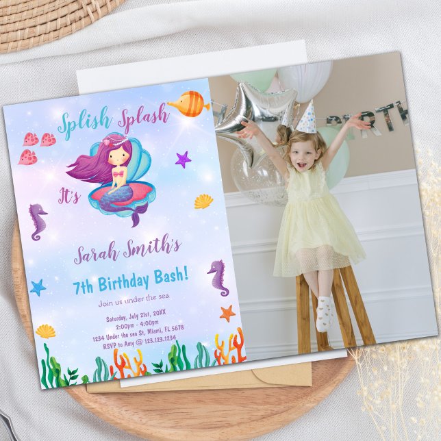 Photo Purple Shell Mermaid Birthday Invitations (Photo Purple Shell Mermaid Birthday Invitations)