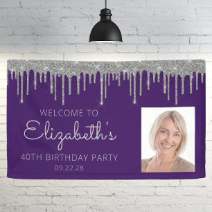 Photo Purple Silver Glitter Drip 40th Birthday Banner