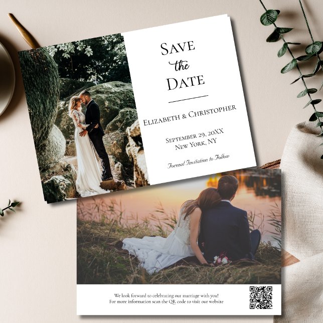 Photo QR Code Black White Formal Elegant Wedding  Save The Date (Photo QR Code elegant Black White Wedding Save the Date invitation Card)