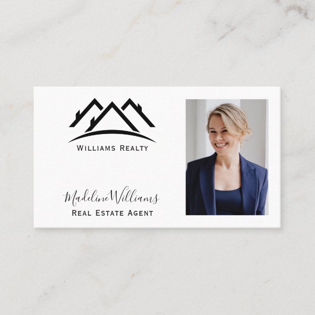 Photo QR Code Black White Real Estate Agent Business Card (Front)