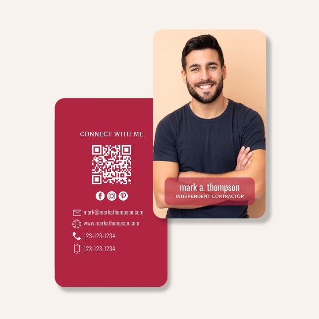 Photo QR Code Connect With Me Burgundy Modern Business Card (Elegant burgundy QR code contact design with photo and clean modern layout)