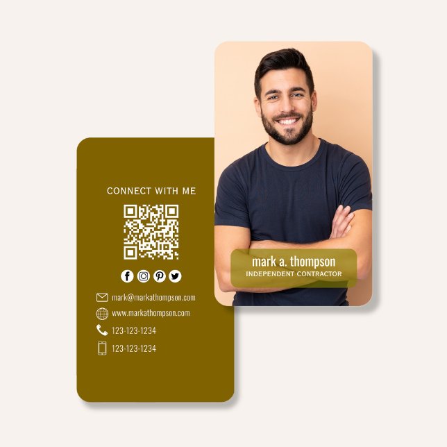 Photo QR Code Connect With Me Mustard Modern Business Card (Mustard gold QR code business card with photo and clean modern layout)