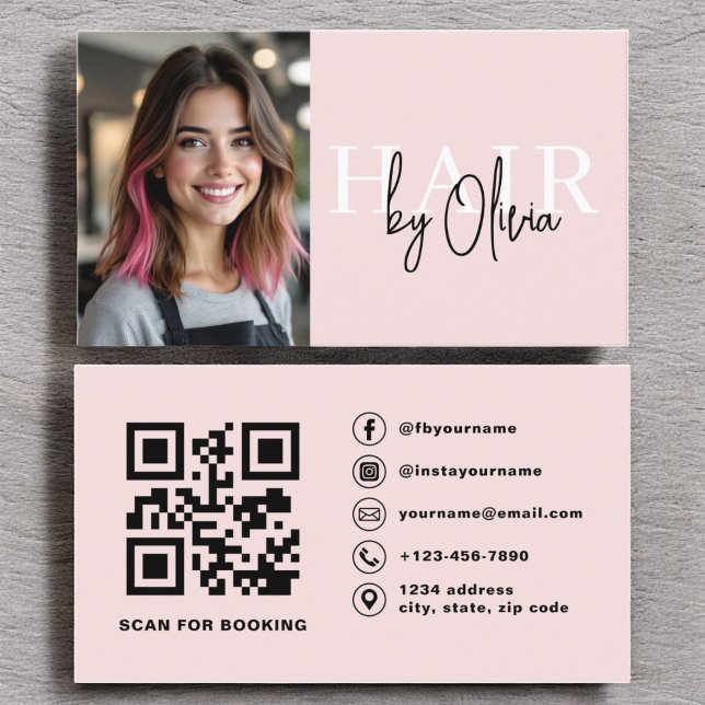 Photo QR Code Hair Stylist Typography  Business Card (Creator Uploaded)