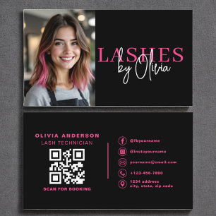 Photo QR Code Lashes Technician Hot Pink Black Business Card
