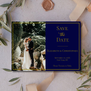 Photo QR Code Navy Blue Gold Elegant Wedding Save The Date