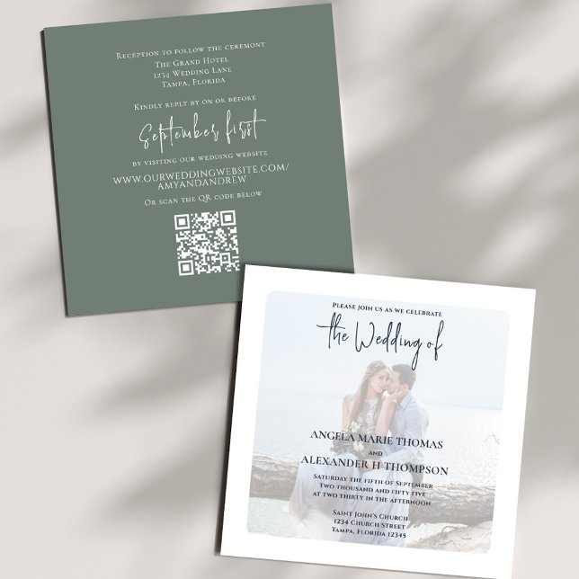 Photo QR Code RSVP Online Simple Moss Green Invitation (Elegant photo Moss Green wedding invitation with a scannable QR code.)