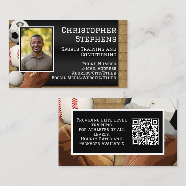 Photo QR Code Sports Personal Trainer Coach Business Card (Front/Back)