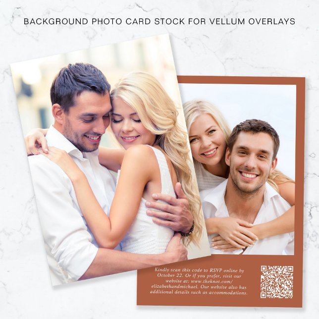 Photo QR Code Terracotta Background Vellum Overlay Invitation (Creator Uploaded)