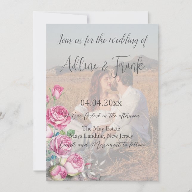 Photo QR Code Watercolor Pink Rose Wedding Invitation (Front)