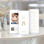 Photo QR Trifold Gold Wedding Menu Table Number<br><div class="desc">IMPORTANT NOTE: This trifold is supplied flat, WITHOUT pre-scoring, for you to fold it yourself. To assist you with accurate folding, guidelines are printed on the back for the three panels, plus an extra thin panel to the right hand side for you to apply glue to stick the trifold together...</div>