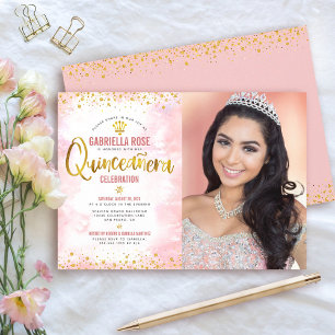 Photo Quinceañera Blush Pink Gold Glitter Tiara Invitation