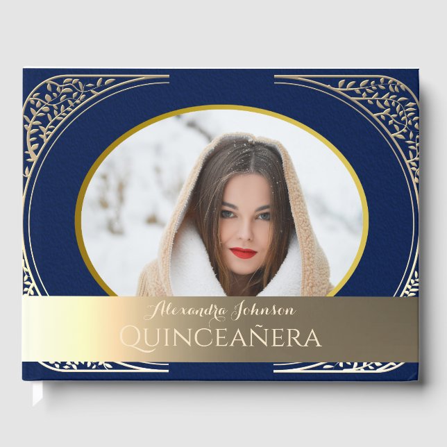 Photo Quinceanera Navy Blue and Gold  Guest Book (Front)