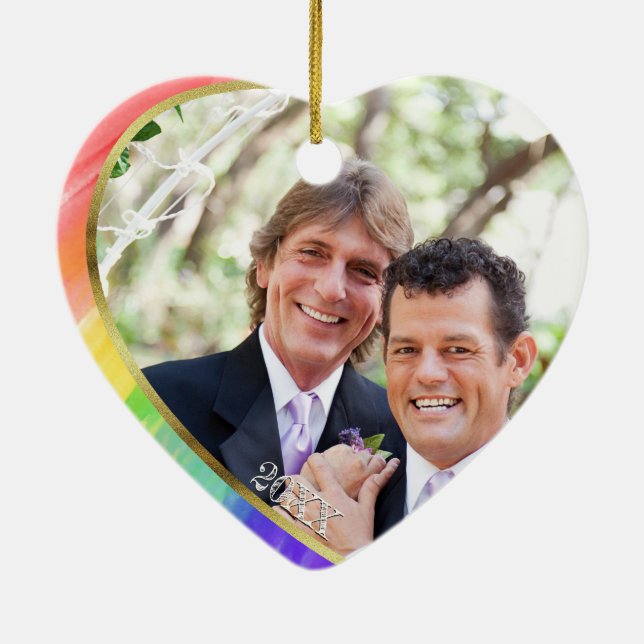 Photo + Rainbow LGBT Mr. & Mr. Watercolor Ceramic Ornament (Back)