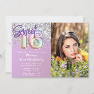 Photo Rainbow Sparkle Sweet 16th Birthday Invitation