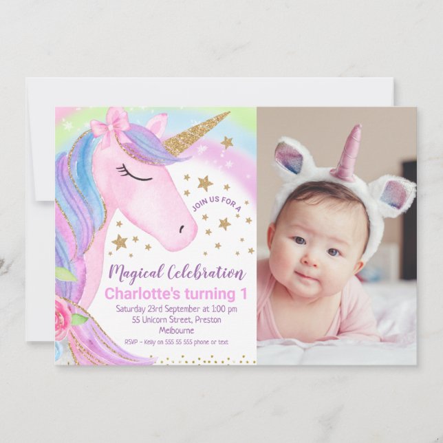 Photo Rainbow Stars Unicorn Birthday Invitation (Front)