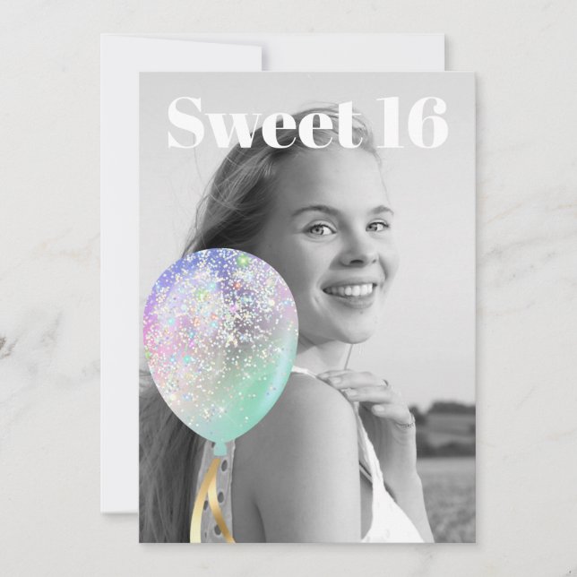 * PHOTO  Rainbow Sweet 16 Balloon AP29 Birthday Invitation (Front)