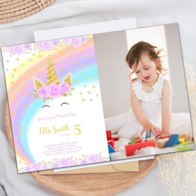 Photo Rainbow Unicorn Invitations d'anniversaire (Photo Rainbow Unicorn Birthday Invitations)