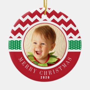 Photo Red and Green Chevron/Polka Dots Christmas Ceramic Ornament
