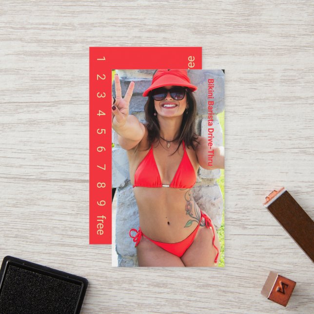 Photo Red Bikini Coffee Drive-Thru Loyalty Card (Front/Back In Situ)