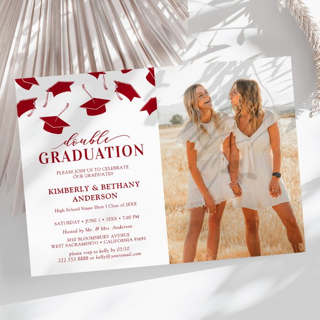Photo Red Double Graduation Party Invitations (Créateur téléchargé)