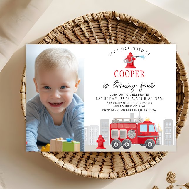Photo Red Firefighter Fire Engine Birthday Invitation (Lets Get Fired Up Firefighter Birthday Invitation Template, Fire Engine Birthday Invitation Hydrant)