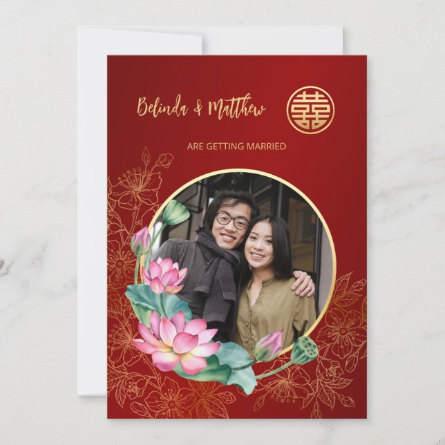 Photo Red Gold Chinese Wedding Invitation (Front)