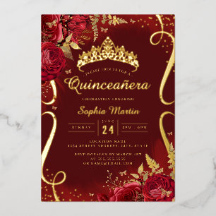 Photo Red Gold Floral Scroll Quinceanera