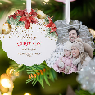 Photo red gold poinsettia Christmas unique Ornament Card