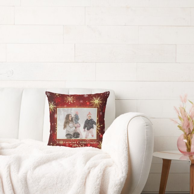 Photo Red Gold Snowflake Christmas Holiday Throw Pillow (Couch)