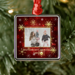 Photo Red Gold Snowflake Christmas Xmas Metal Ornament