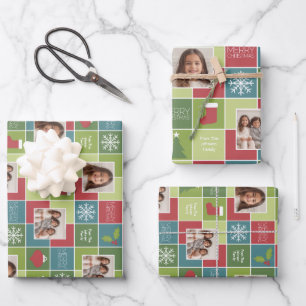 Photo Red Green Color Block Christmas Tree Stripes Wrapping Paper Sheet