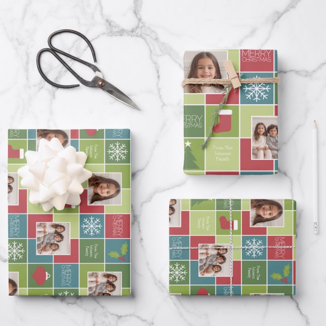 Photo Red Green Colour Block Christmas Tree Stripe Wrapping Paper Sheet (Front)
