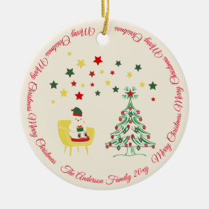 Photo Red Green White Teddy Bear Merry Christmas Ceramic Ornament