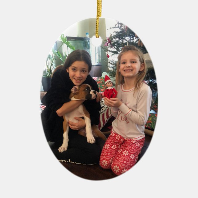 Photo Red Merry Christmas PERSONALIZE Ceramic Ornament (Front)