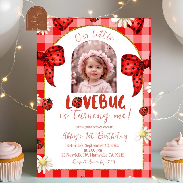 Photo Red Plaid Bow Coquette Lovebug Birthday Invitation (Creator Uploaded)