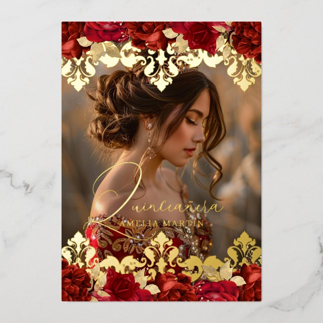 Photo Red Rose Gold Damask Floral Quinceanera (Front)