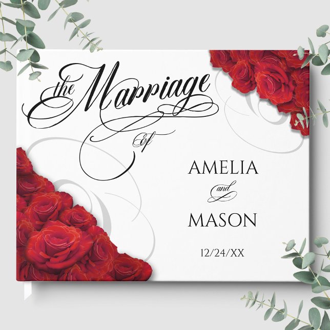 Photo Red Roses Calligraphy Script Wedding Guest Book (Photo Red Roses Calligraphy Script Wedding Guest Book Front)