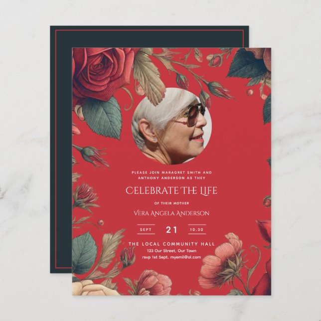 PHOTO Red Roses Celebration of Life Funeral POEM (Front/Back)