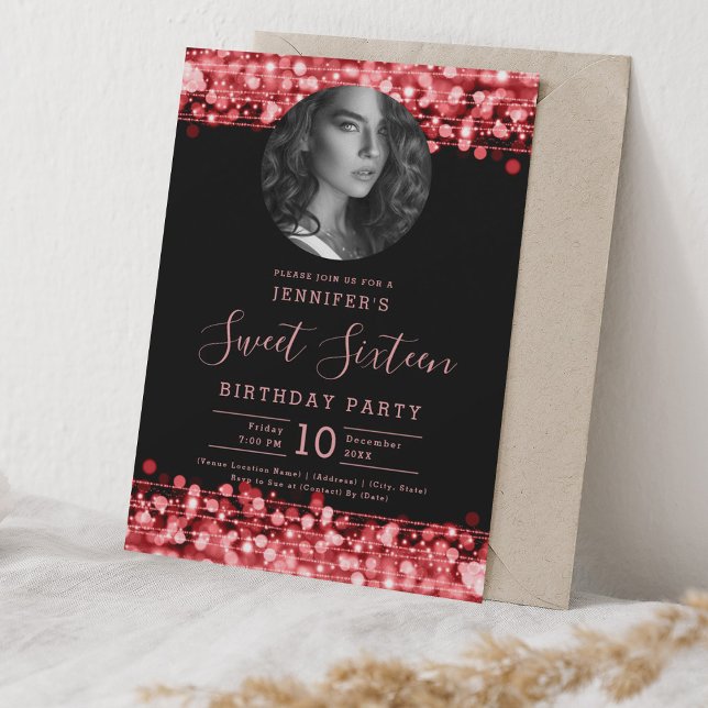 PHOTO Red Sparkles Sweet 16 Birthday Party Invitation (PHOTO Red Sparkles Sweet 16 Birthday Party Invitation)