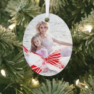 Photo Red White Plaid Bow Keepsake Date Christmas Metal Ornament