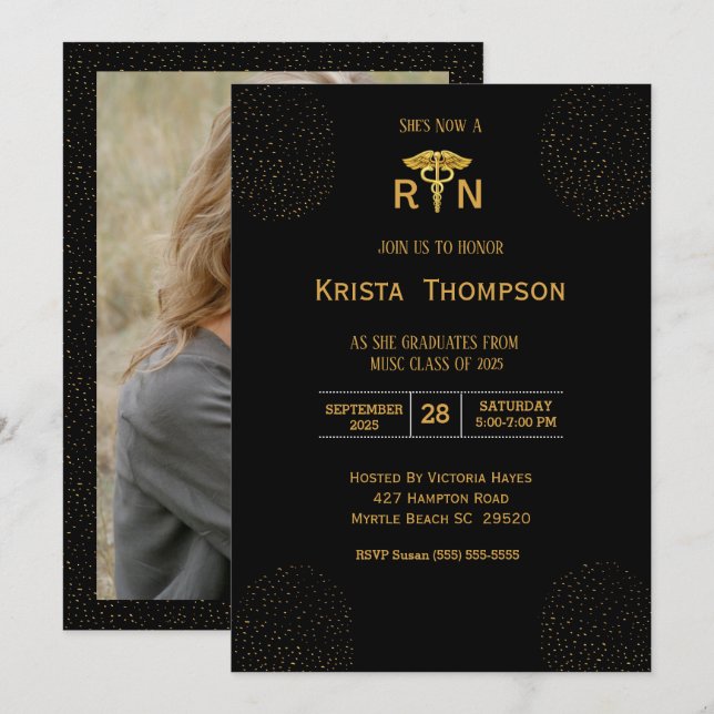  Photo Registered Nurse Graduation Black Gold  Invitation (Front/Back)