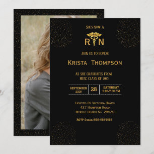 Photo Registered Nurse Graduation Black Gold Invitation